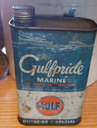 Vintage Gulf Gulfpride Marine Outboard Motor Oil Quart Tin Boat Graphics