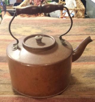 Vintage Copper Tea Pot Kettle With Wood Handle