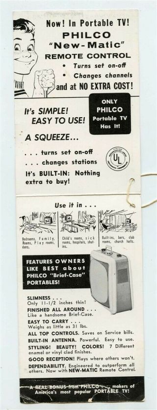 Philco Brief Case Portable TV Hanging Ad Card Predicta TV Transistor Radio 1950s 2