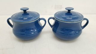 Two (2) Le Creuset Ceramic Double Handle Pots W/ Lids Blue