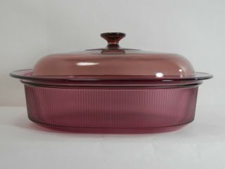 Visions By Corning Cranberry 4 Qt.  Oval Casserole W/ Lid Glass Cookware