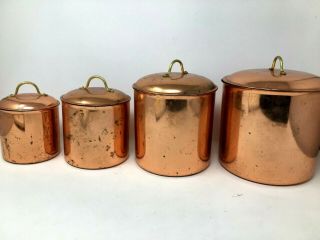 4 Piece Set Of Vintage Copper Canisters Brass Handles Rustic Farmhouse Kitchen