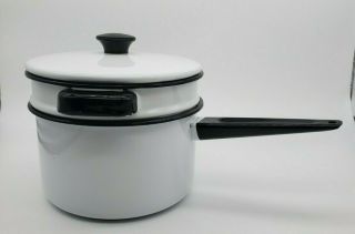 Vintage Enamel White/black 3 - Piece Double Boiler Pot And Lid