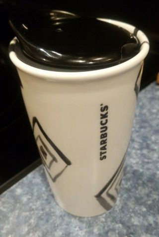 Starbucks Ceramic Traveler Tumbler To Go Mug Green Dot Black Diamond Double Wall