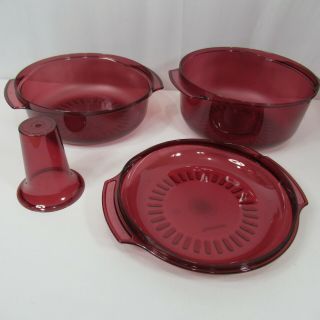Tupperware 4 Piece Stack Cooker Cranberry Red Microwave Stacking Baker 10 " Inch