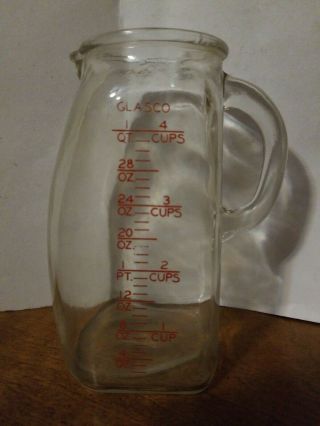 Vintage Glasco Usa Pot Belly Measuring Cup 1 Quart 4 Cup Pitcher W/ Red Letters