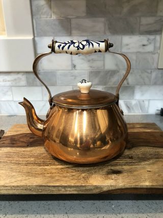 Vintage Old Dutch Copper Tea Kettle With Porcelain Handle/knob