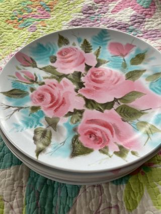 Vintage Park Avenue Pink Aqua Roses Melamine 10” Plates 8 In Set
