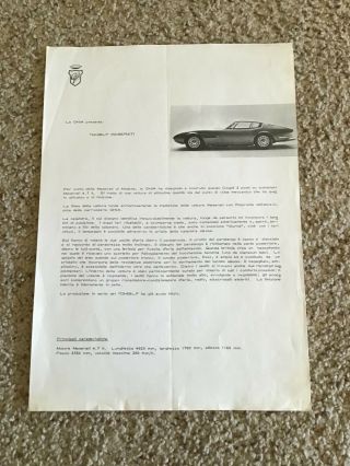1960s Ghibli Maserati By Ghia,  Sales Sheet.