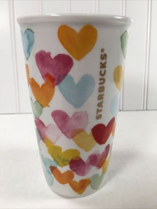 Starbucks Water Color Rainbow Hearts Ceramic Travel Mug With Lid 2015