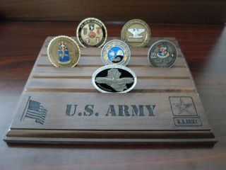 Military Challenge Coin Holder/display 8x10,  Us Army Stencil,  Walnut