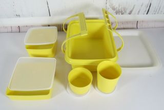 70 ' S YELLOW VINTAGE 11PC TUPPERWARE PAK - N - CARRY LUNCH BOX KIT TOTE W/ HANDLE 2