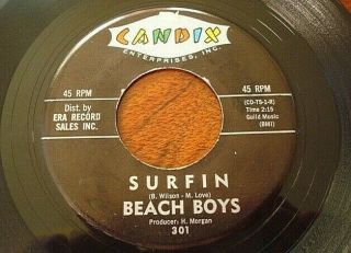 The Beach Boys.  Surfin B/w Luau.  Nm - Surf Rock 45.  Candix.  1961