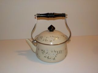 Vintage Cream Enamel Ware Tea Pot Kettle Floral Design Wood Handle