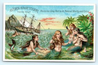 1880s Ayer ' s Hair Vigor Trade Card Mermaid Pirate Hairdresser Salon Art Decor C1 2