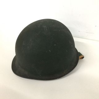 Vintage Metal Green Helmet With Leather & Canvas Strapping 573