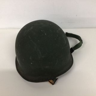 Vintage Metal Green Helmet With Leather & Canvas Strapping 573 2