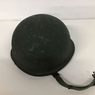 Vintage Metal Green Helmet With Leather & Canvas Strapping 573 3