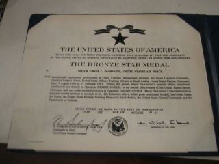 1991 United States Bronze Star Medal Certificate For Maj Dearmond - In Portfolio