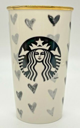 Starbucks Black Hearts Gold Rim Siren Double Wall Ceramic Tumbler 2014 No Lid