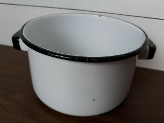 Vintage White Enamel Small Stock Pot With Black Trim