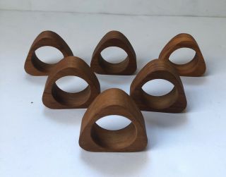 Vtg 6 Mid Century Modern Teak Wood Triangle Atomic Organic Napkin Rings Holders