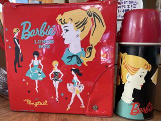 1962 Red Vinyl Barbie Lunch Box By Ponytail (mattel) With Thermos