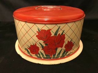Vintage Metal Red Blue Crosshatch Red Iris Cake Cover Carrier W/ Handle