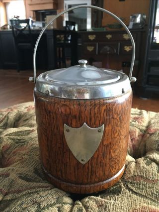 Vintage Oak Wood Biscuit Barrel Canister Handle Lid Porcelain Insert