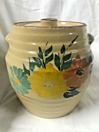 Vintage Stoneware Lidded Crock Cookie Jar Hand Painted Flowers Two Handles