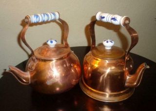 Copper Tea Kettles With Porcelain Handles " 2 Vintage Decorative Tea Kettles "