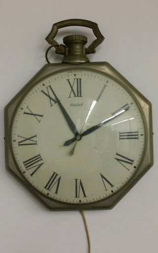 Vtg United Co Electric Wall Clock Pocket Watch Collectors Glass Dome Metal Sign