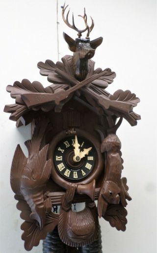 German Black Forest Large Hunter Deer 8 Day Hand Carved Cuckoo Clock