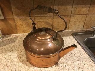 Antique Copper Tea Pot Kettle With Wood Handle Primitive
