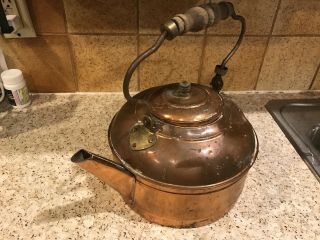 Antique Copper Tea Pot Kettle With Wood Handle Primitive 2
