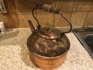 Antique Copper Tea Pot Kettle With Wood Handle Primitive 3