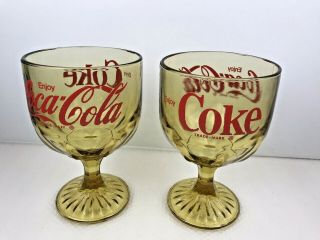 2 Vintage Amber Glass Coca Cola Coke Stemmed Soda Goblets Cups
