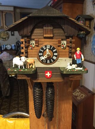 Vintage Rare Swiss Chalet Cuckoo Clock W/farmer & Animals Switzerland