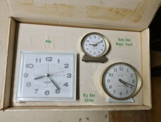Westclox Mantle Clock Set Of 3 Nile,  Baby Ben Magic Touch & Chime Mib