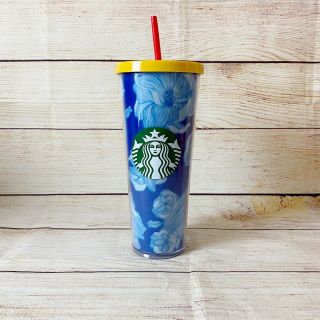 Starbucks 24oz Tumbler Cold Cup Blue Floral Cactus Flower Yellow Lid,  Pretty