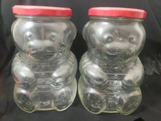 Vintage Glass Teddy Bear Storage Jelly Jar Clear Red Metal Lid 6 " Set 2