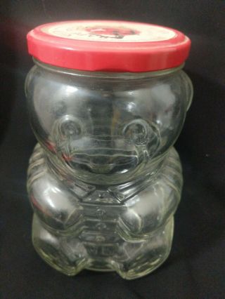 Vintage Glass Teddy Bear Storage Jelly Jar Clear Red Metal Lid 6 
