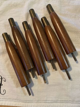 6 Vintage Mid Century Modern Tapered Wooden Replacement Furniture Legs W/ Brass