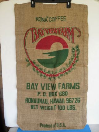 Burlap Jute Sack/bag Bay View Farm Kona Coffee 100 Lbs.  Hawaii - 21.  5 " X 38 "