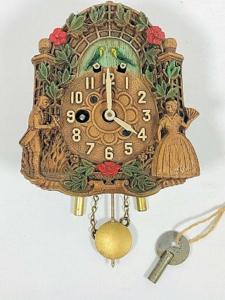 Lux Keebler " Lovebirds " Miniature Pendulette Clock With Key C.  1936 -