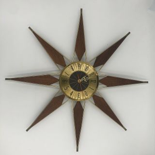 Elgin Teak Wood 25 " Starburst Wall Clock Mid - Century Mcm Retro Star Sun
