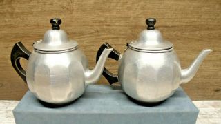2 Vintage Small Aluminum Tea Pots With Wooden Handles 6 - 3/4 " Tall