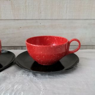 Rare Vintage 1950 ' s Red Speckled Melmac Coffee Cup & Black Saucer Melamine Set 2 2