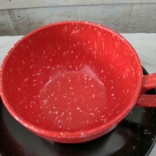 Rare Vintage 1950 ' s Red Speckled Melmac Coffee Cup & Black Saucer Melamine Set 2 3