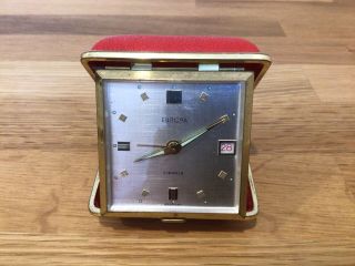 Vintage.  Europa 7 Jewels Red Travelling Alarm Clock With Date.  565